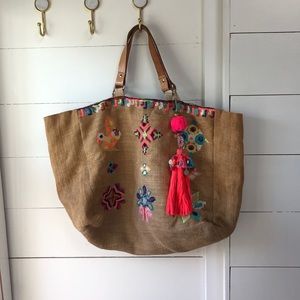 Star Mela Burlap Beach Tote Bag w Tassel
